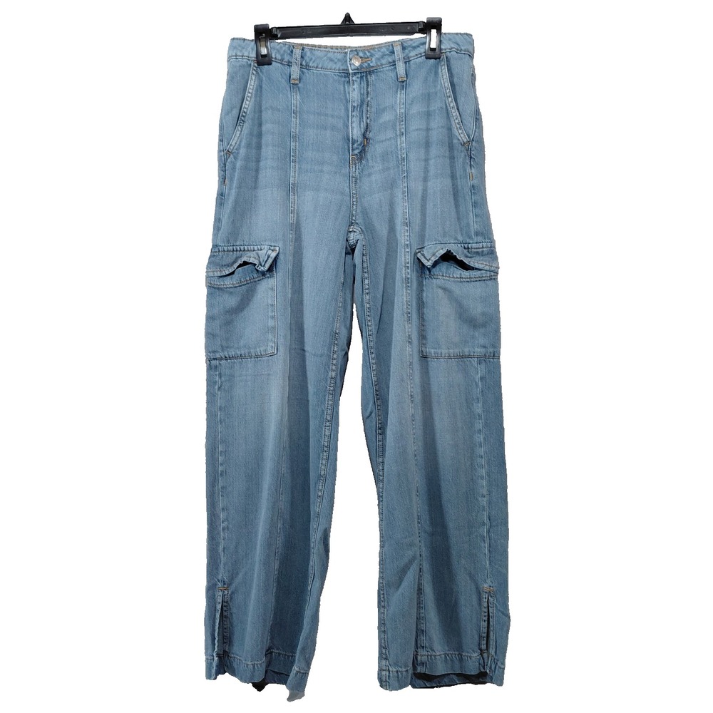 Time & Tru Women's High Rise Wide Leg Cargo Jeans Sz 8 Medium Wash Split Hem